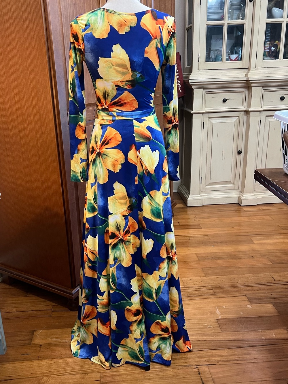 Blue & Yellow Floral Wrap Maxi Dress with Self-Tie Waist - Picture 4 of 5